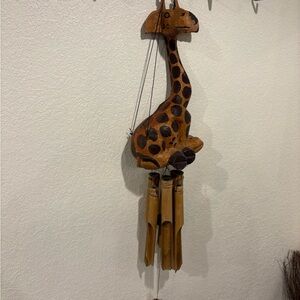 Artisan Giraffe & Bamboo Wind Chime 35.5" Hand Painted Wood Boho Garden Decor